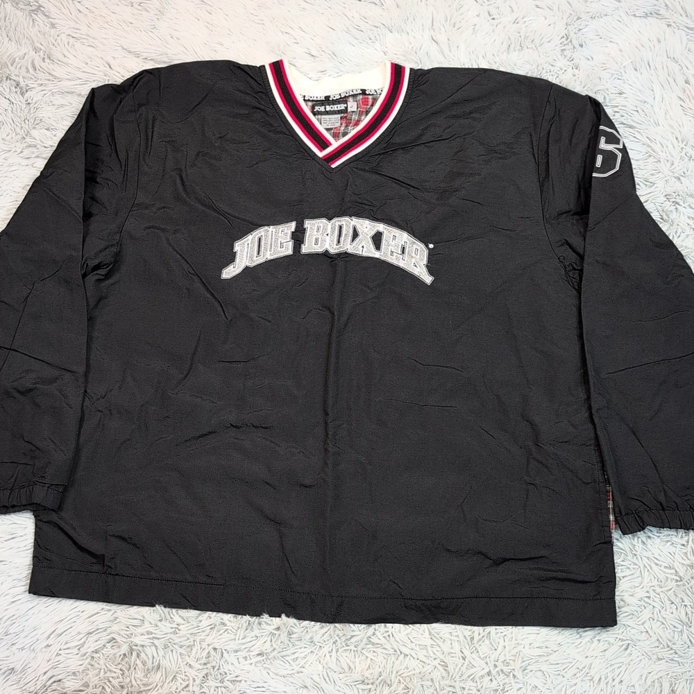 Vintage Joe Boxer Jacket Mens L Black Windbreaker Pockets Plaid Lined Athletic